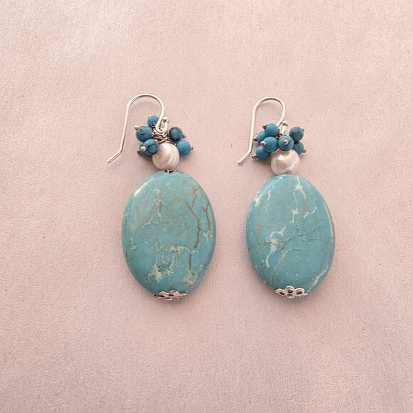 Artisan Turquoise Pearl Stone 925 Sterling Silver Drop Earrings New Stamped - Picture 6 of 9
